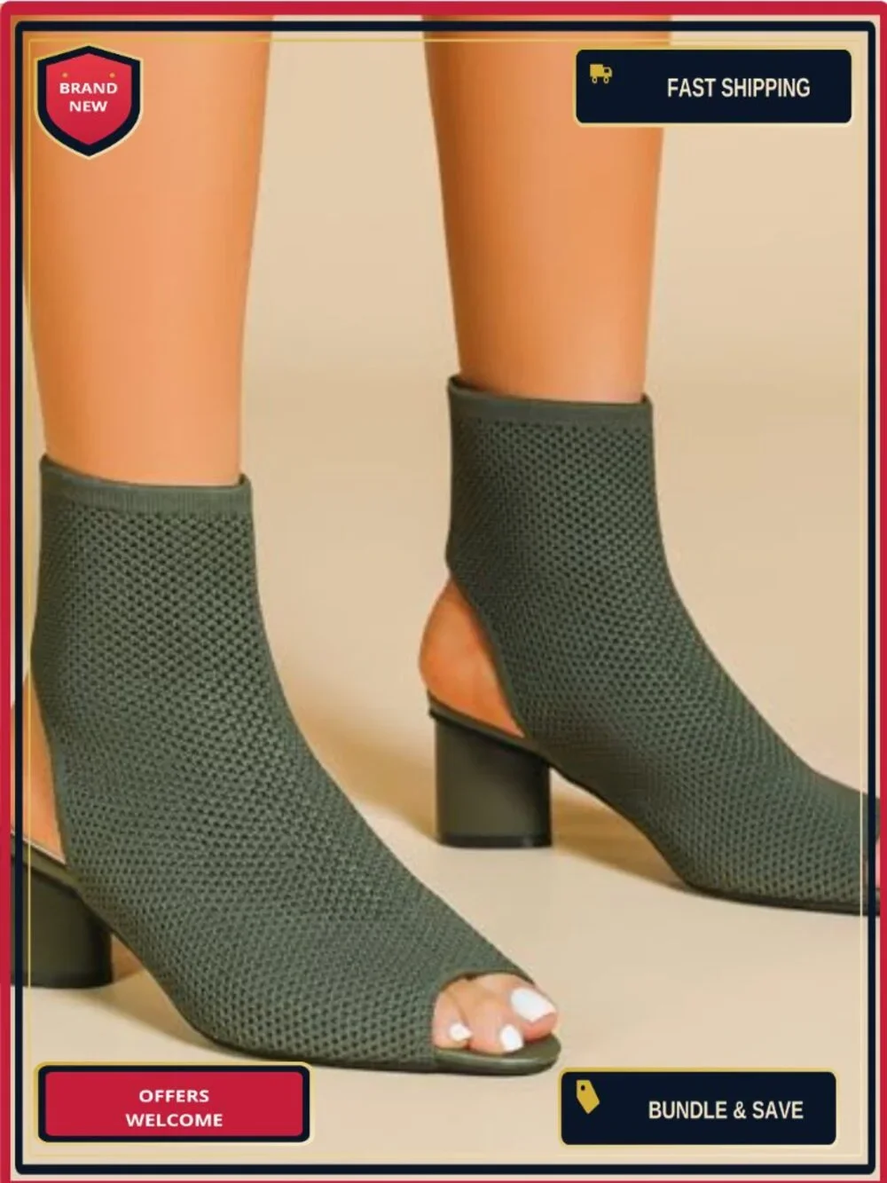 Women's Knit Peep Toe Slingback Chunky Heel Ankle Boots